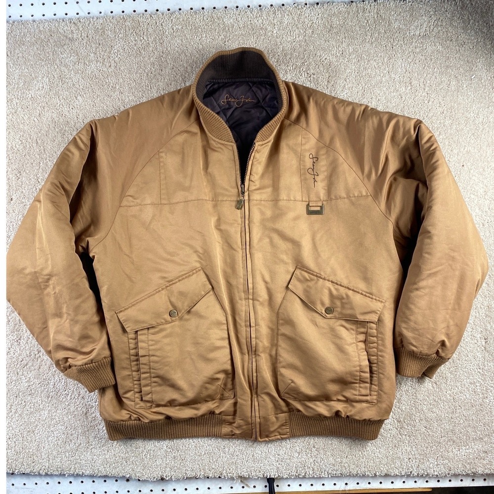 Sean John‎ Reversible Bomber Jacket Mens XL Tan Brown Quilted Streetwear Puffer